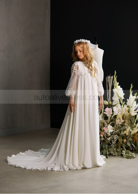 Long Sleeves Beaded Ivory Lace Chiffon Flower Girl Dress